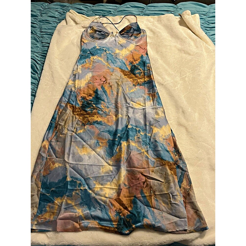 VICI Satin Abstract Print Slip Midi Dress V-Neck Strappy Sleeveless Blue